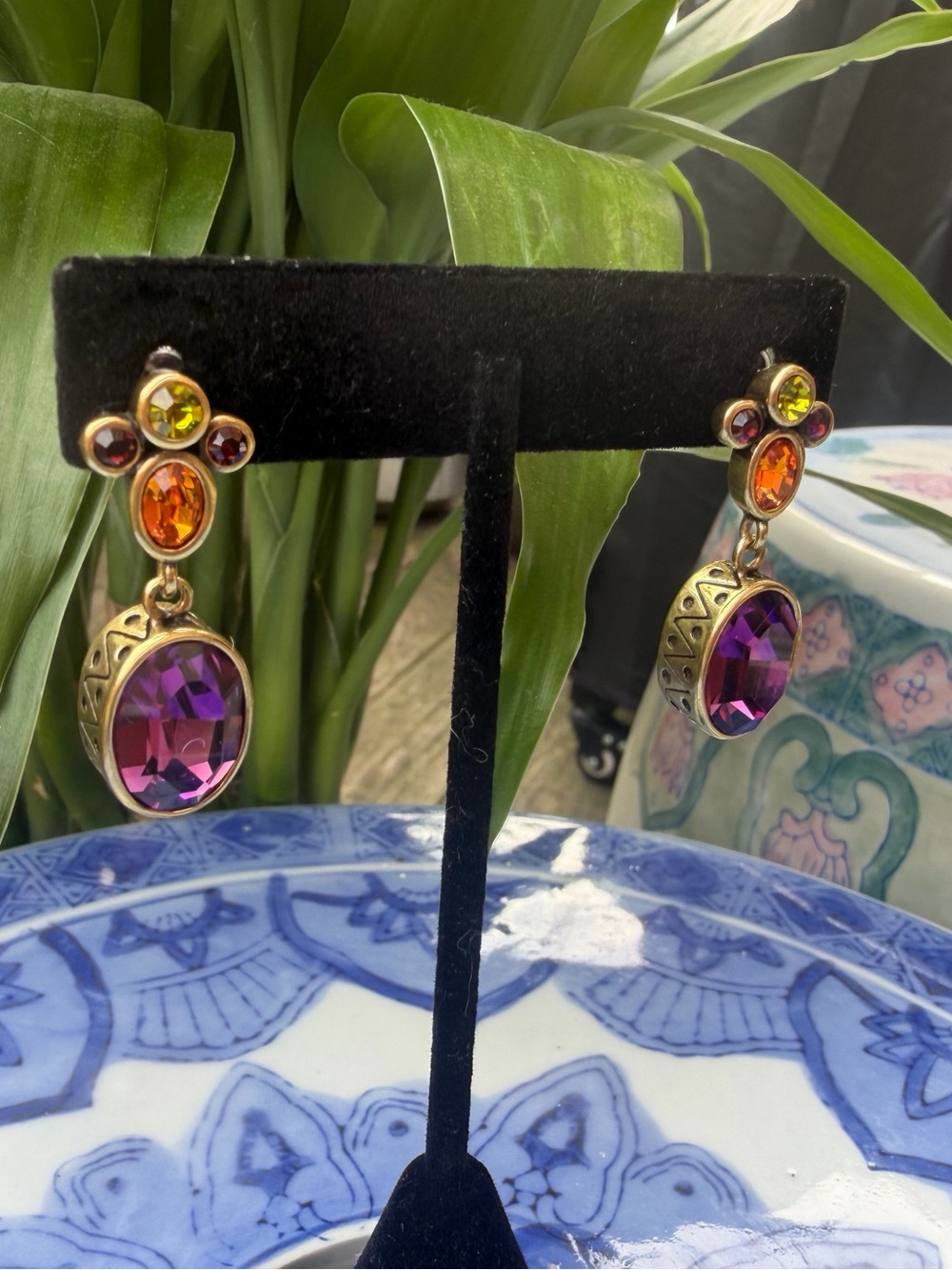 Heidi Daus "Double Play" Crystal Drop Earrings - Purple, Orange and Lime Green - Picture 2 of 6
